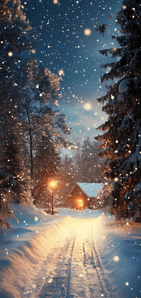 Snowy trail to cabin with lantern light