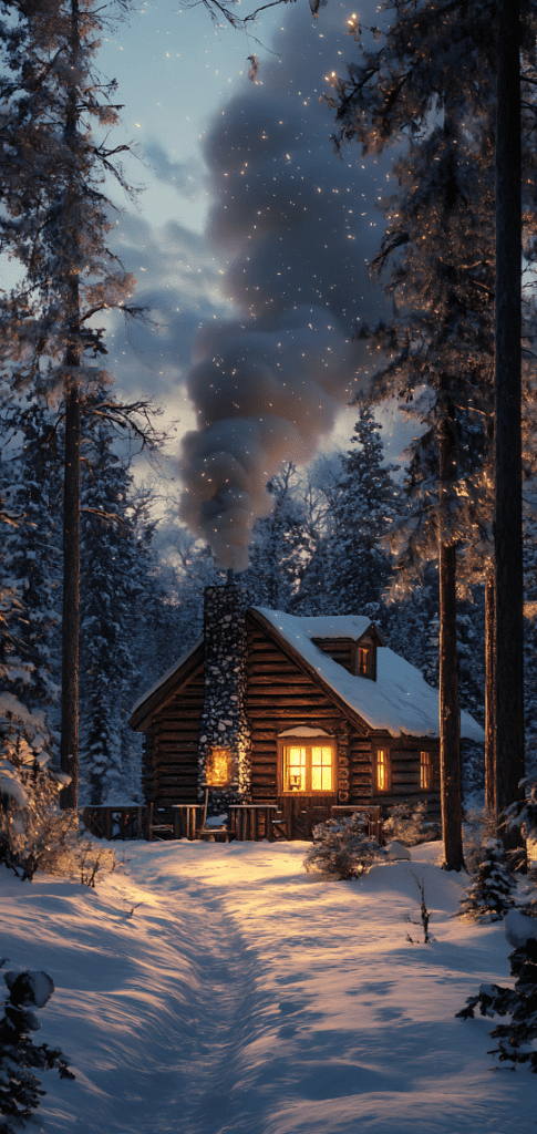 Winter wallpapers of a cabin with smoke rising in snowy forest