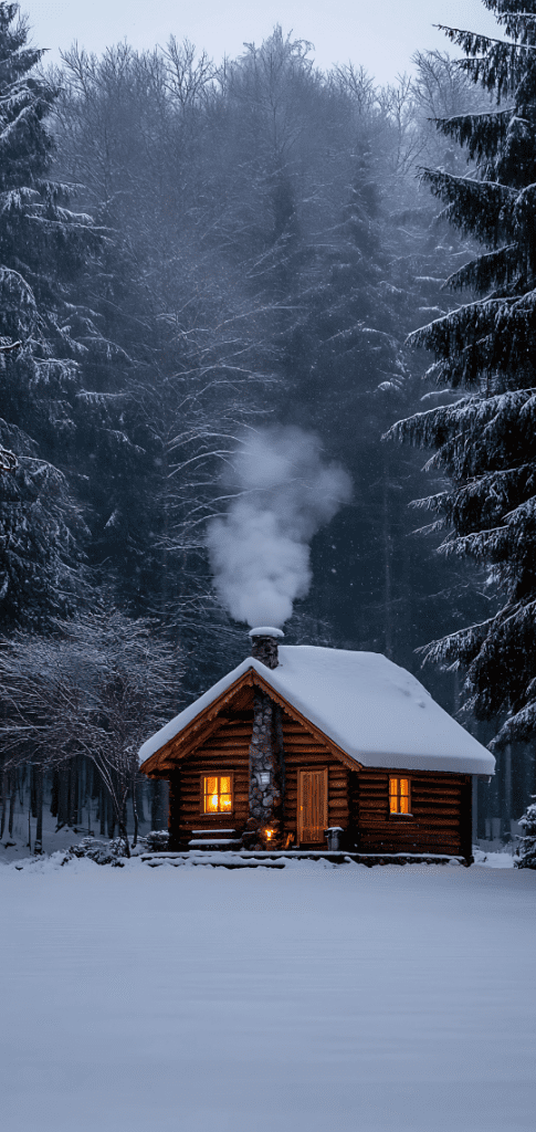 Winter wallpapers of snowy cabin in frosty woodland
