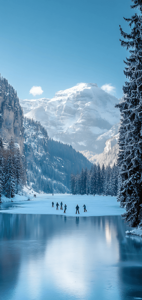 Ice skaters on frozen lake with mountains