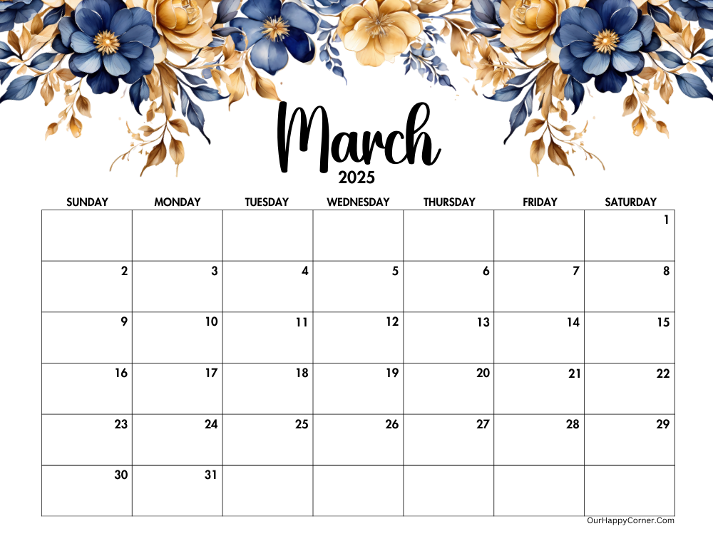 Floral blue and gold March 2025 calendar printable