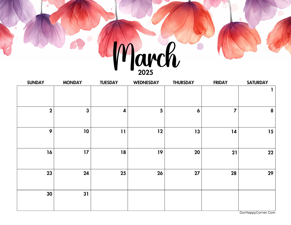 Floral March 2025 calendar printable