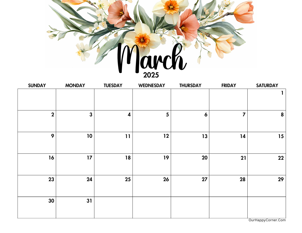 Floral March 2025 calendar printable