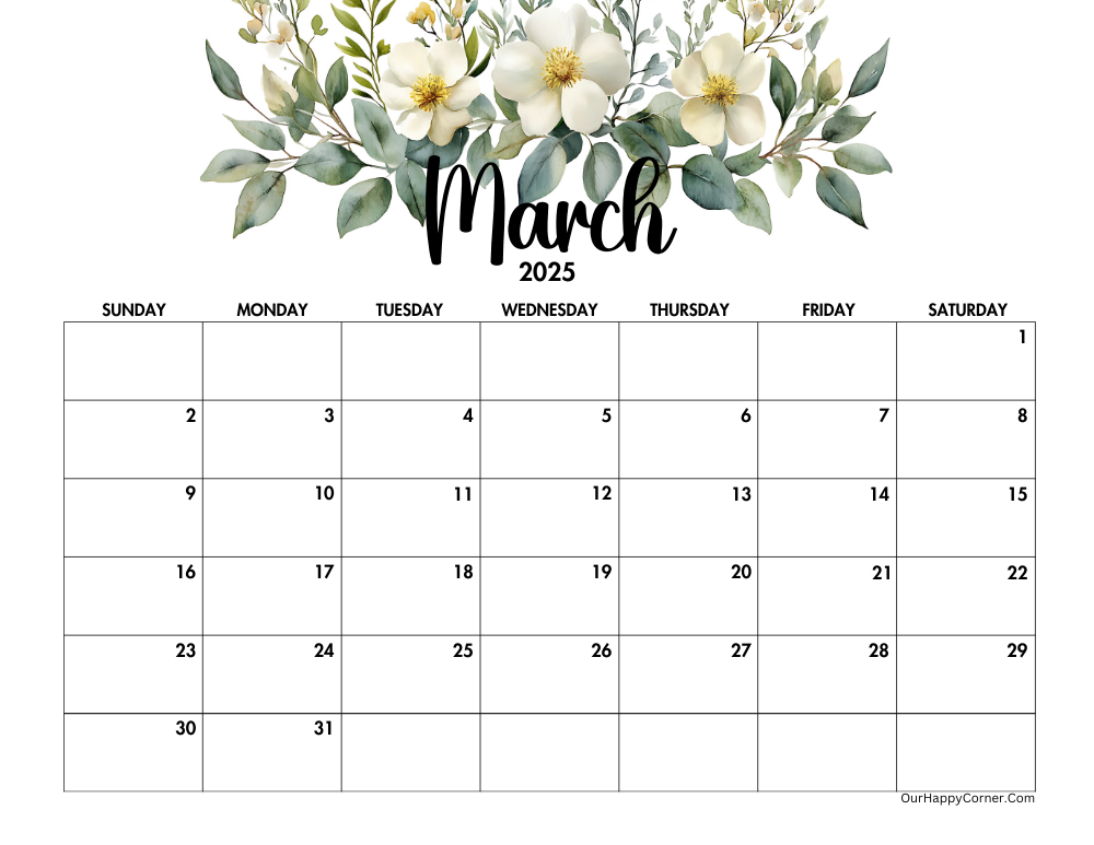 Floral March 2025 calendar printable