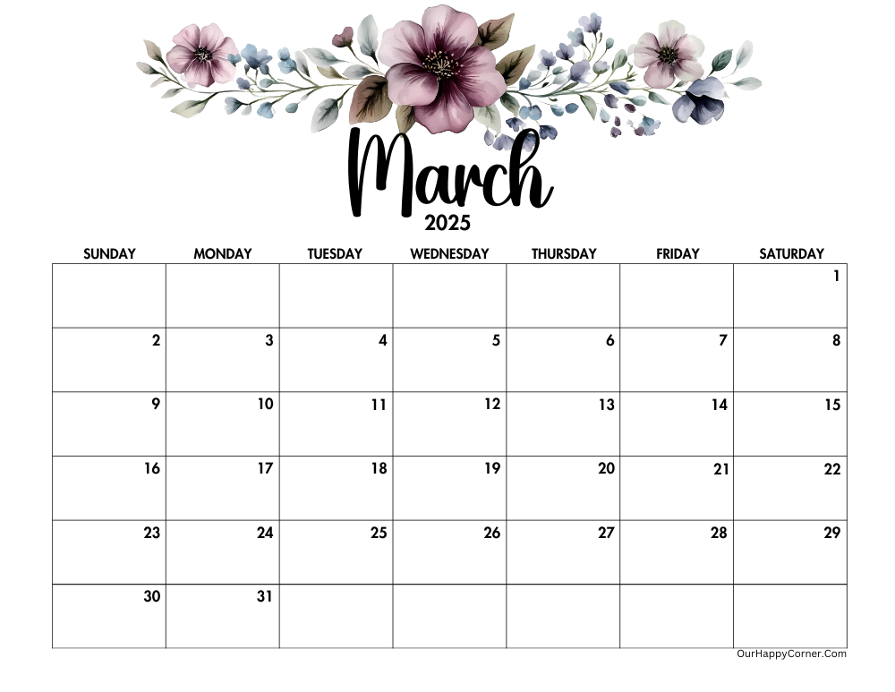 Floral March 2025 calendar printable