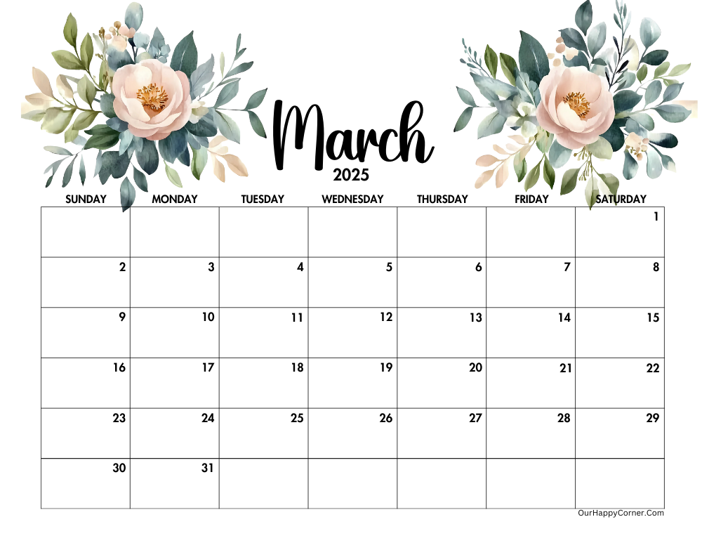 Floral March 2025 calendar printable