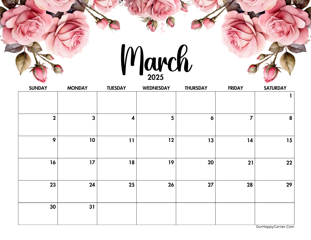 Floral pink roses March 2025 calendar printable