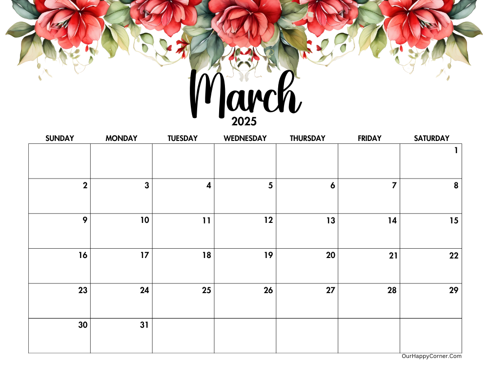 Red floral calendar Sunday start date