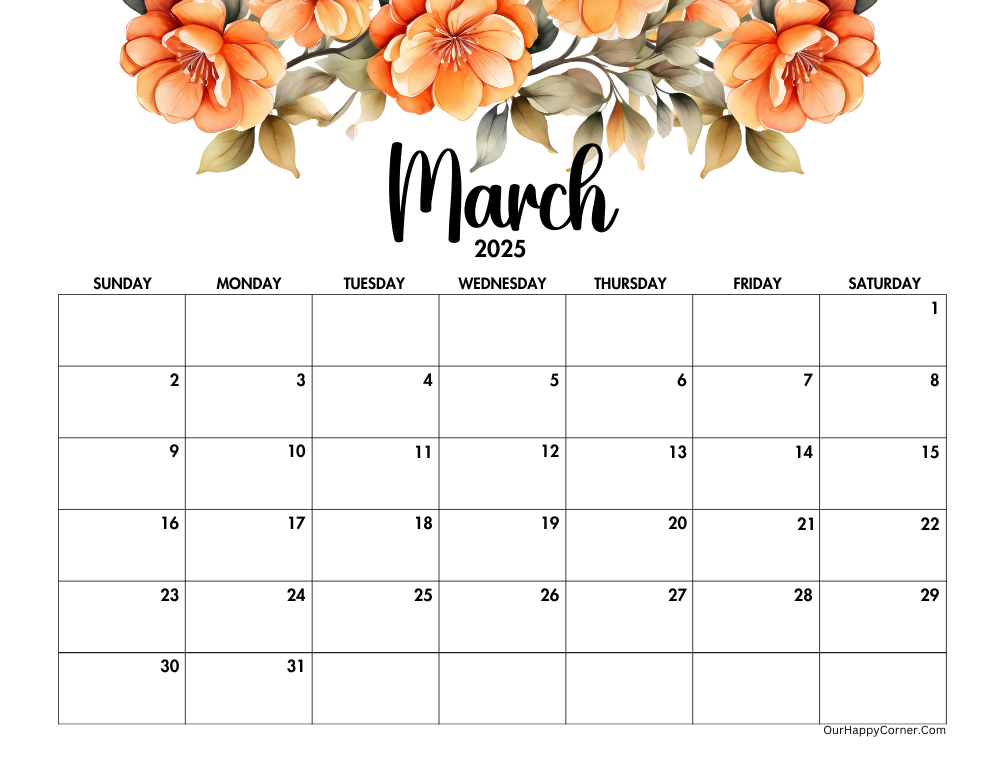 Orange floral March 2025 calendar printable