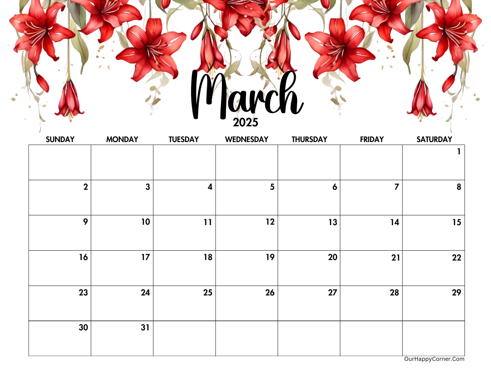 Red floral March calendar