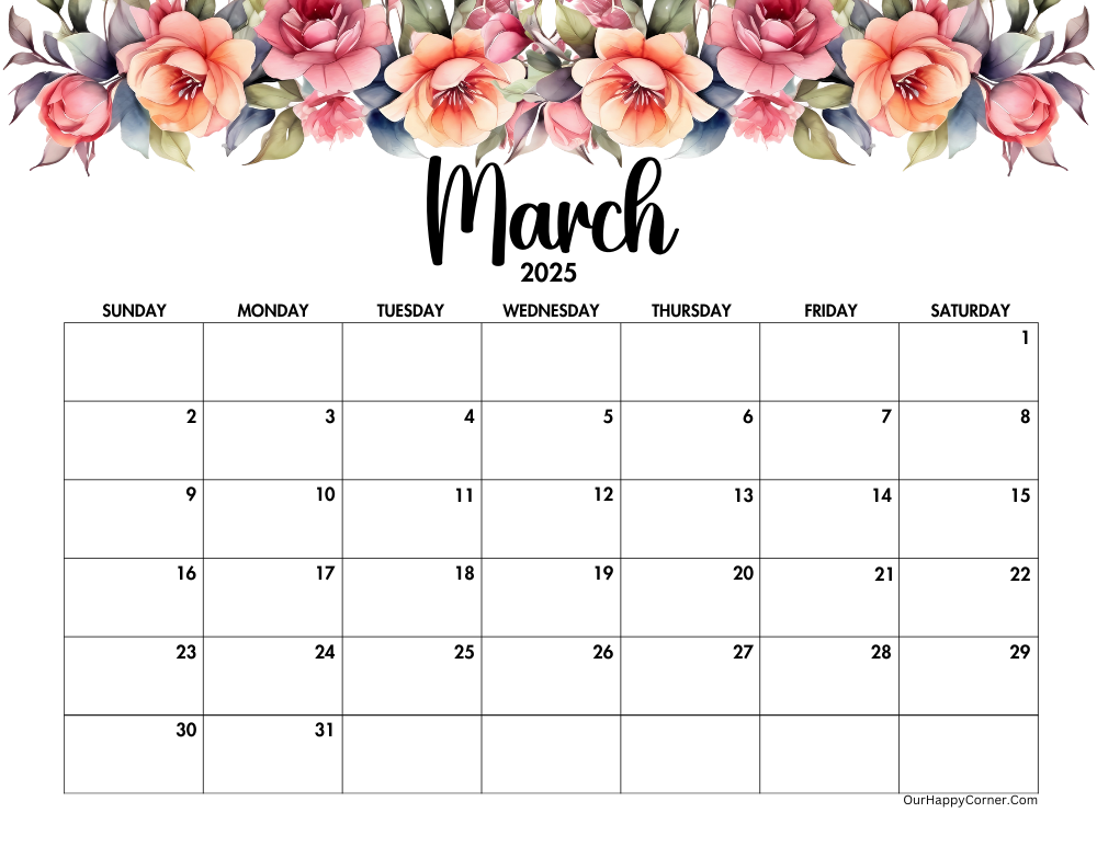 Floral March 2025 calendar printable