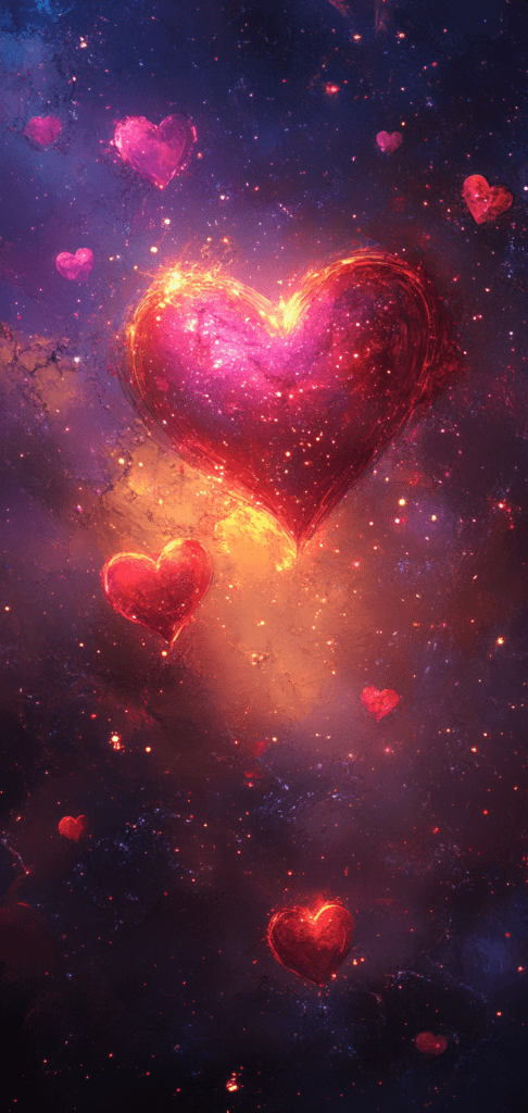 Cosmic wallpaper with glowing pink and orange hearts on a galaxy background