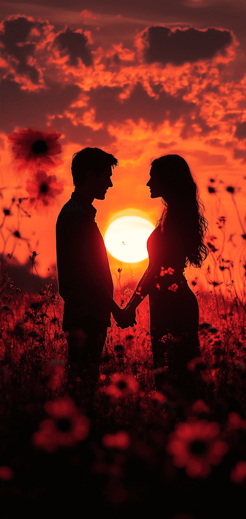 Silhouette of a couple holding hands at sunset surrounded by red flowers