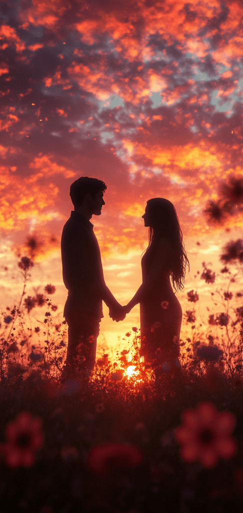 Silhouette of a couple holding hands at sunset surrounded by red flowers