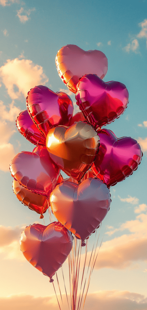 Heart-shaped balloons in pink, red, and gold floating in a sunny sky