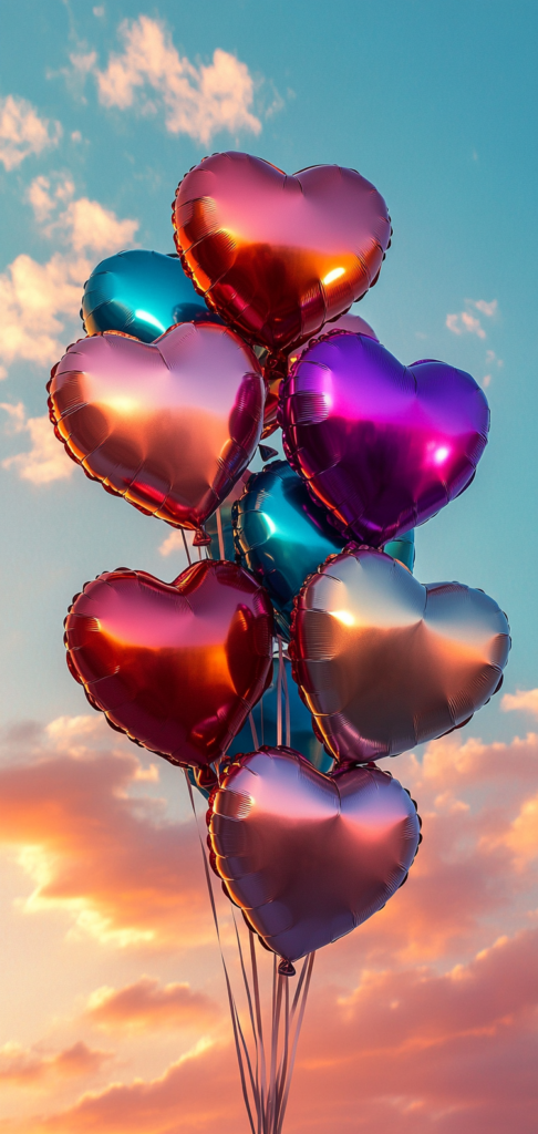 Heart-shaped balloons floating in sky Valentine's day wallpapers