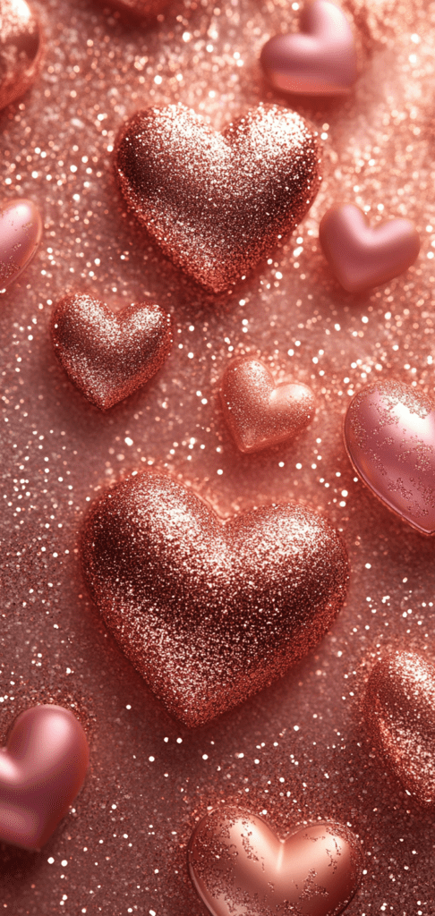 Rose gold glitter hearts with a sparkling, dreamy background.