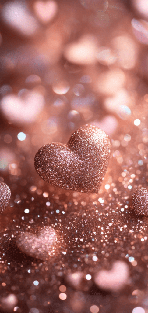 Rose gold glitter hearts with a sparkling, dreamy background.