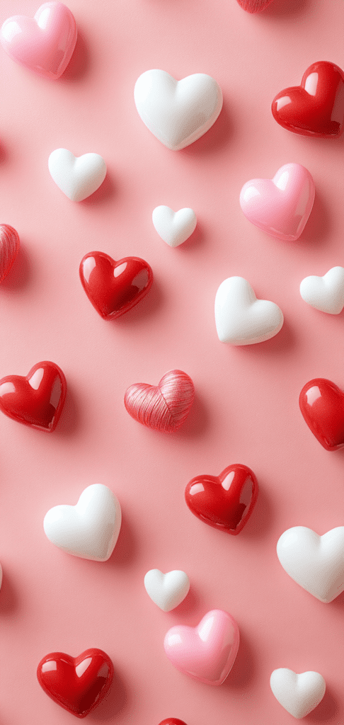 Glossy candy hearts in red, white, and pink on a pastel pink background