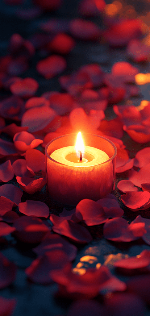 Glowing candles and scattered red rose petals on a soft, reflective surface