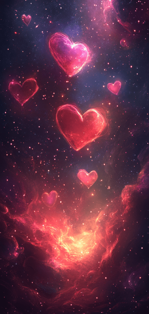 Cosmic wallpaper with glowing pink and orange hearts on a galaxy background