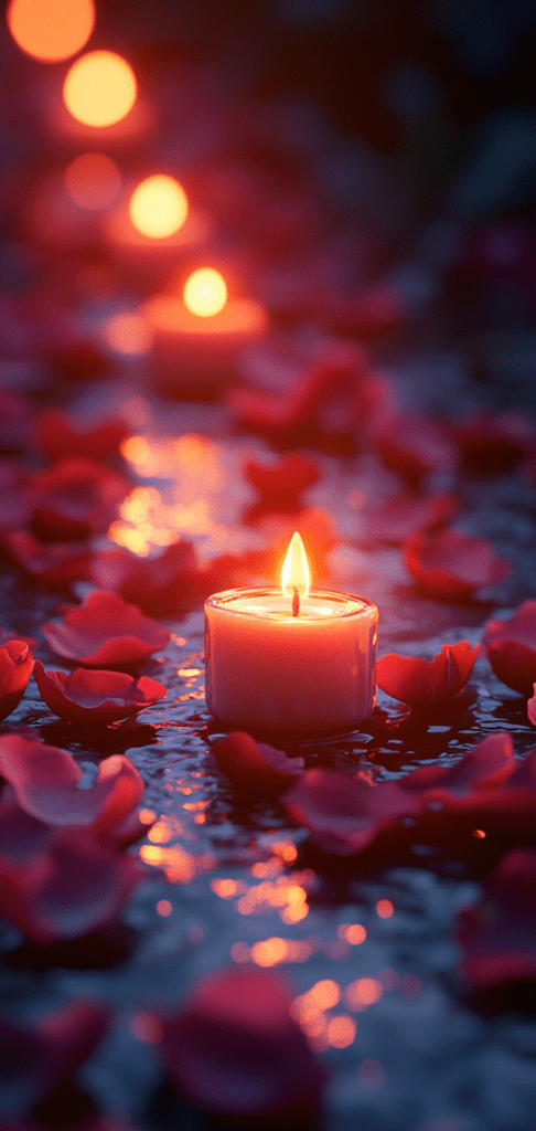 Glowing candles and scattered red rose petals on a soft, reflective surface