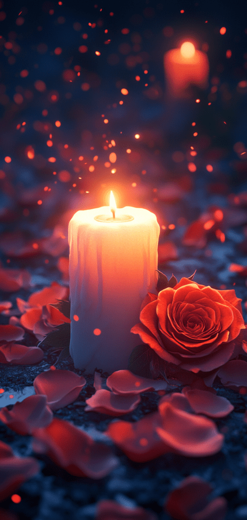 Glowing candles and scattered red rose petals Valentine's day wallpapers