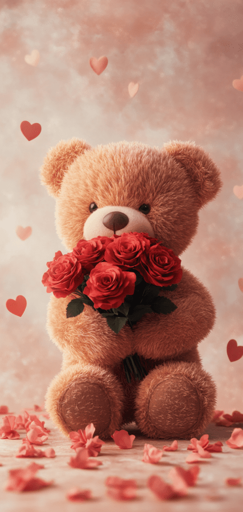 Teddy bear holding red roses with floating pink hearts in the background.