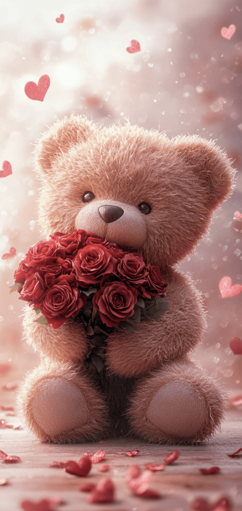 Teddy bear holding red roses with floating pink hearts in the background.