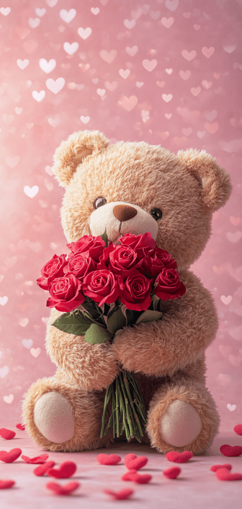 Teddy bear holding red roses Valentine's day wallpapers