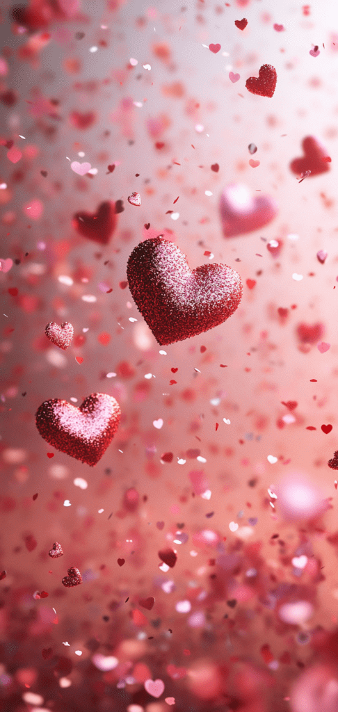 Glittery pink and red hearts cascading with confetti on a blurred background.