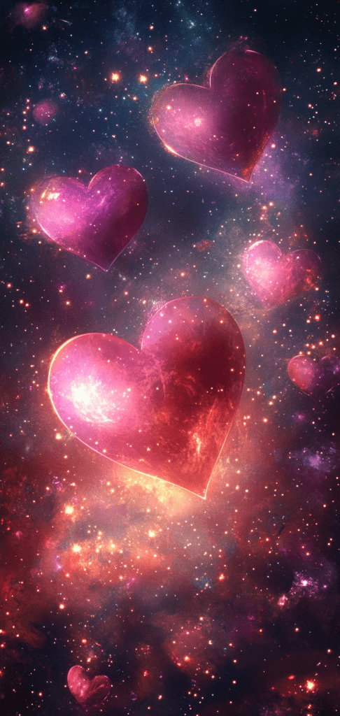 Cosmic wallpaper with glowing pink and orange hearts Valentine's day wallpapers