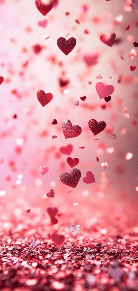 Glittery pink and red hearts cascading with confetti on a blurred background.