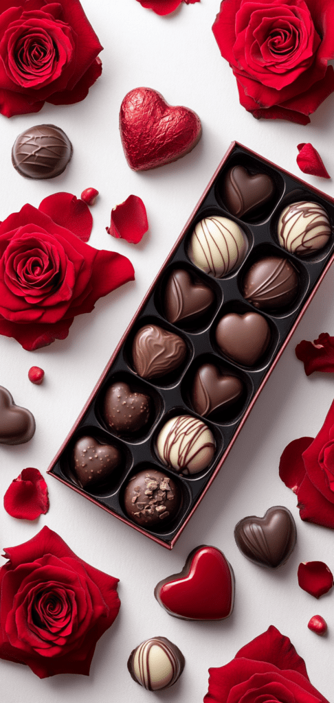 Heart-shaped chocolates and red roses on a white background