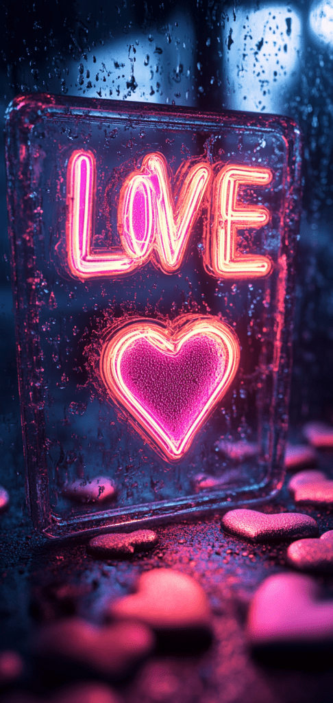 Neon pink “LOVE” sign with glowing heart lights on a dark wall background