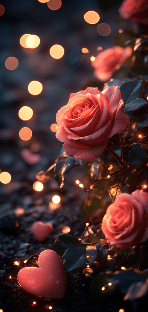 Red roses and glowing fairy lights with a soft bokeh effect