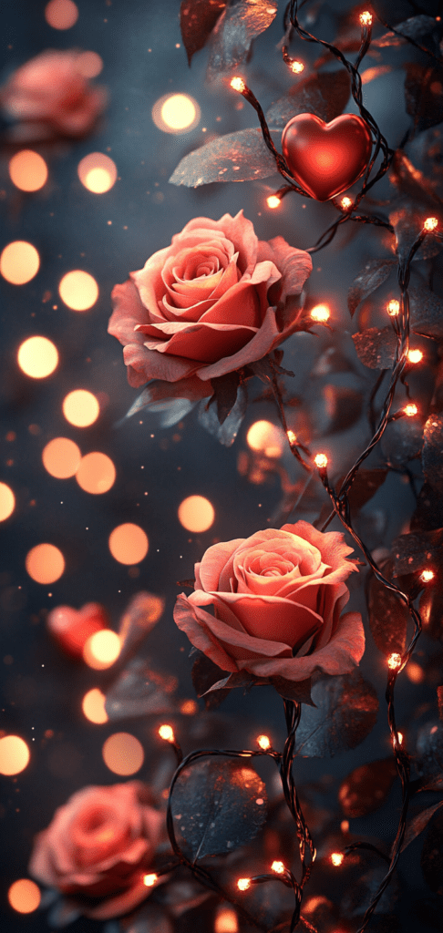 Red roses and glowing fairy lights with a soft bokeh effect