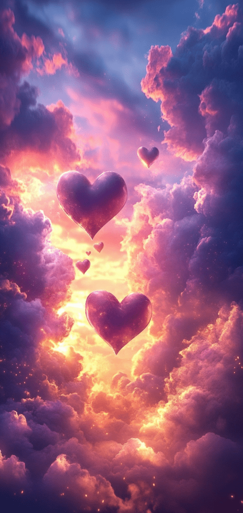 Floating glowing hearts surrounded by pink and purple clouds at sunset