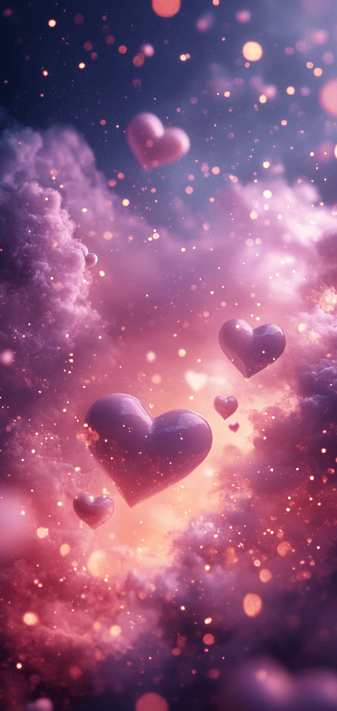 Floating glowing hearts surrounded by pink and purple clouds at sunset