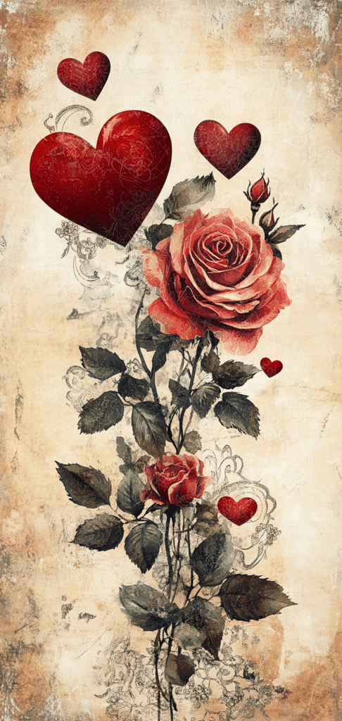 Vintage-style red roses with floating red hearts on an aged parchment background