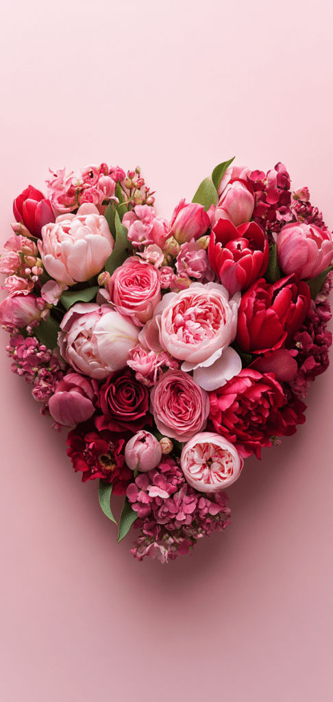 Heart-shaped wreath of pink and red flowers on a soft pink background.

