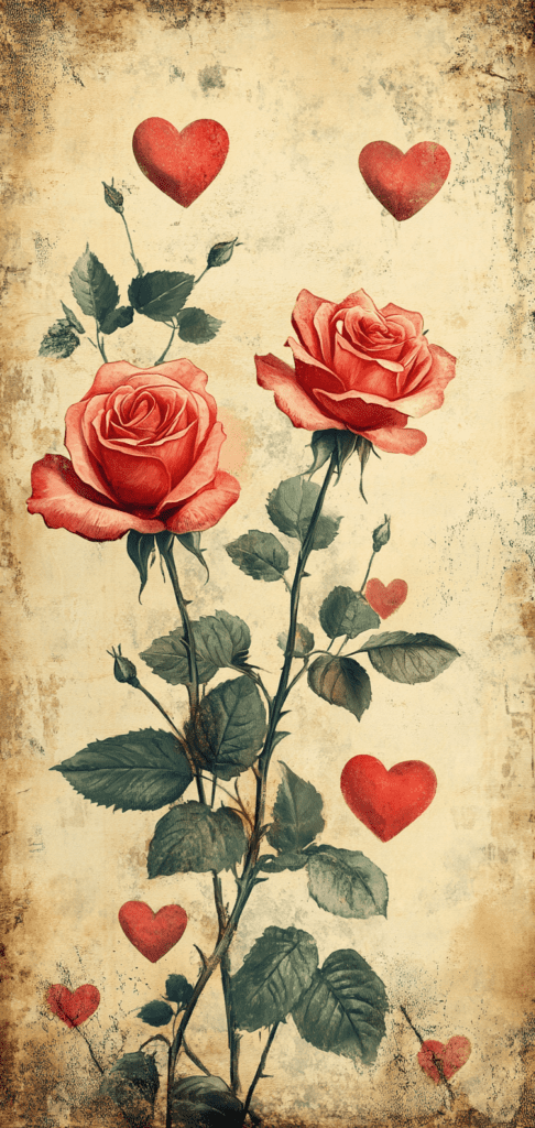 Vintage-style red roses with floating red hearts on an aged parchment background