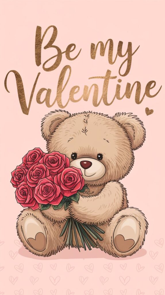 Teddy bear holding red roses with "Be My Valentine" text on a pink background.