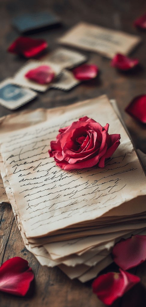 Vintage love letters with rose petals and an old postage stamp.