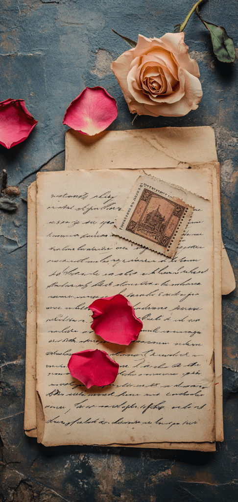 Vintage love letters with rose petals and an old postage stamp.