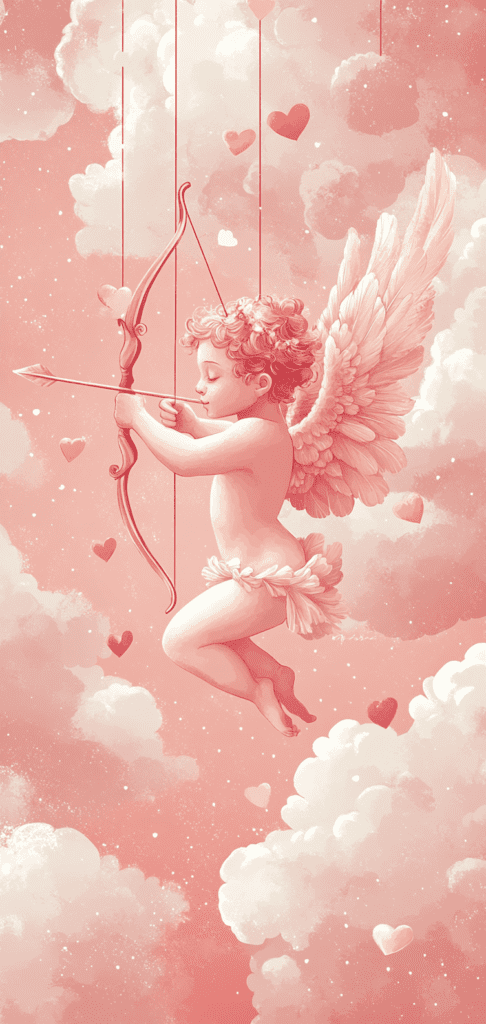 Cupid with bow and arrow surrounded by hearts and clouds on a pink background