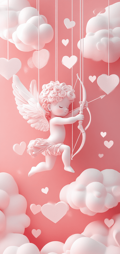 Cupid with bow and arrow surrounded by hearts and clouds on a pink background