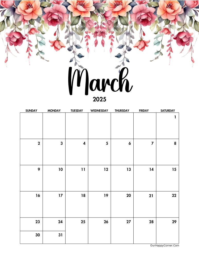 Floral March 2025 calendar printable