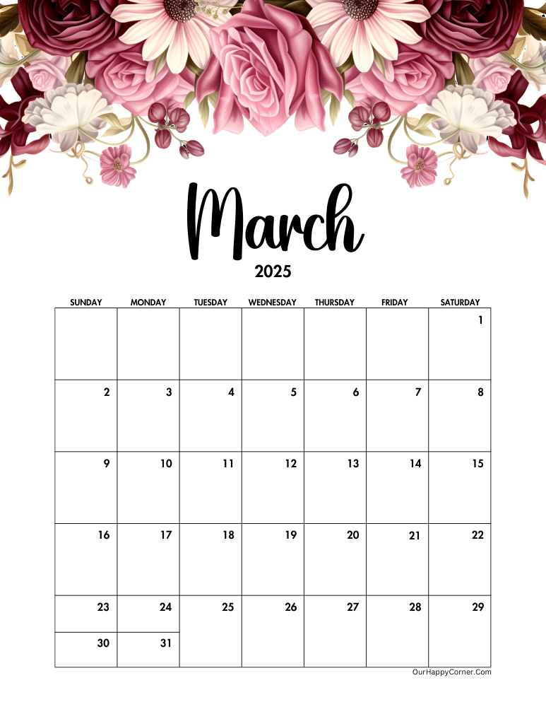 Floral March 2025 calendar printable