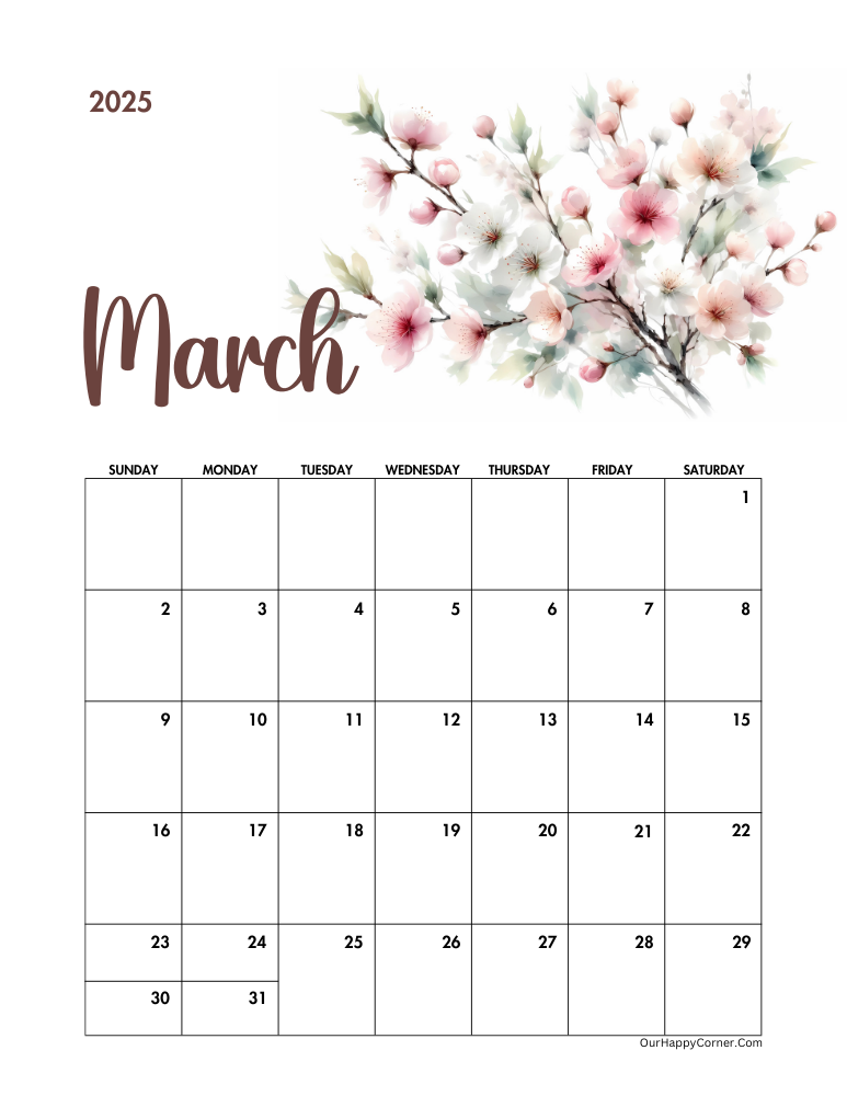 Floral March 2025 calendar printable